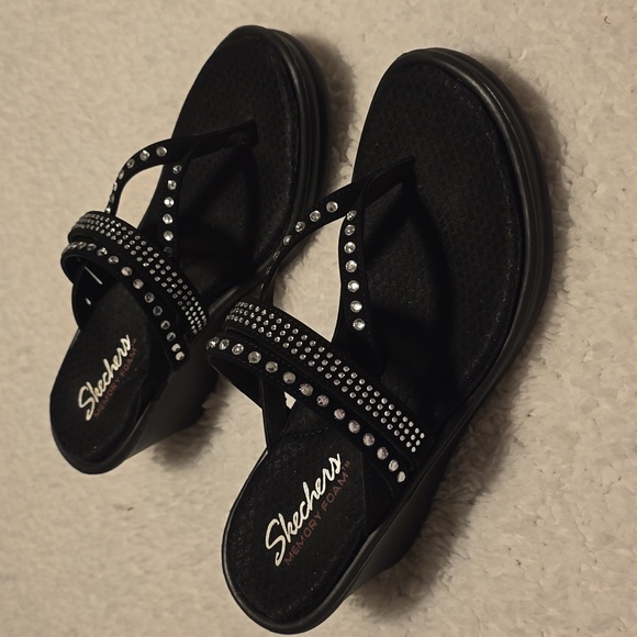 Skechers Black Rhinestone Wedge Sandals - NWOT - Picture 1 of 10